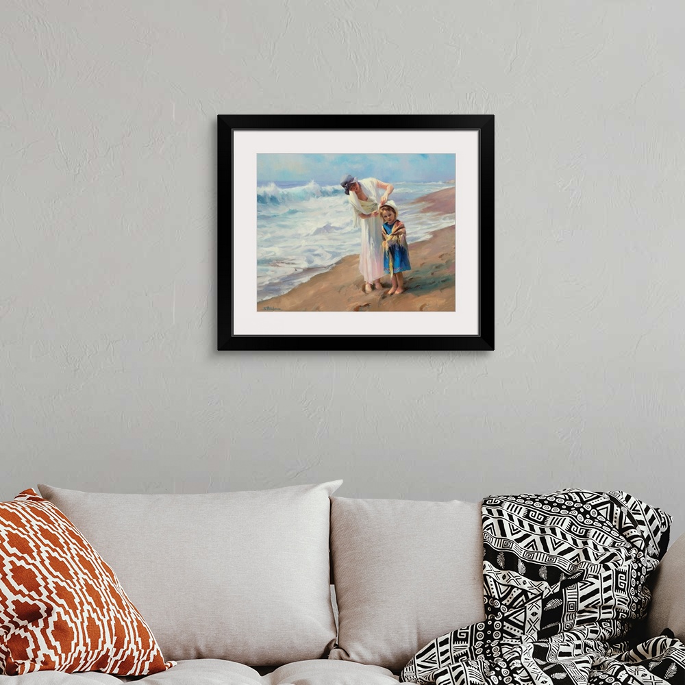 A bohemian room featuring Traditional representational painting of a mother and daughter at the beach. The girl is wearing ...