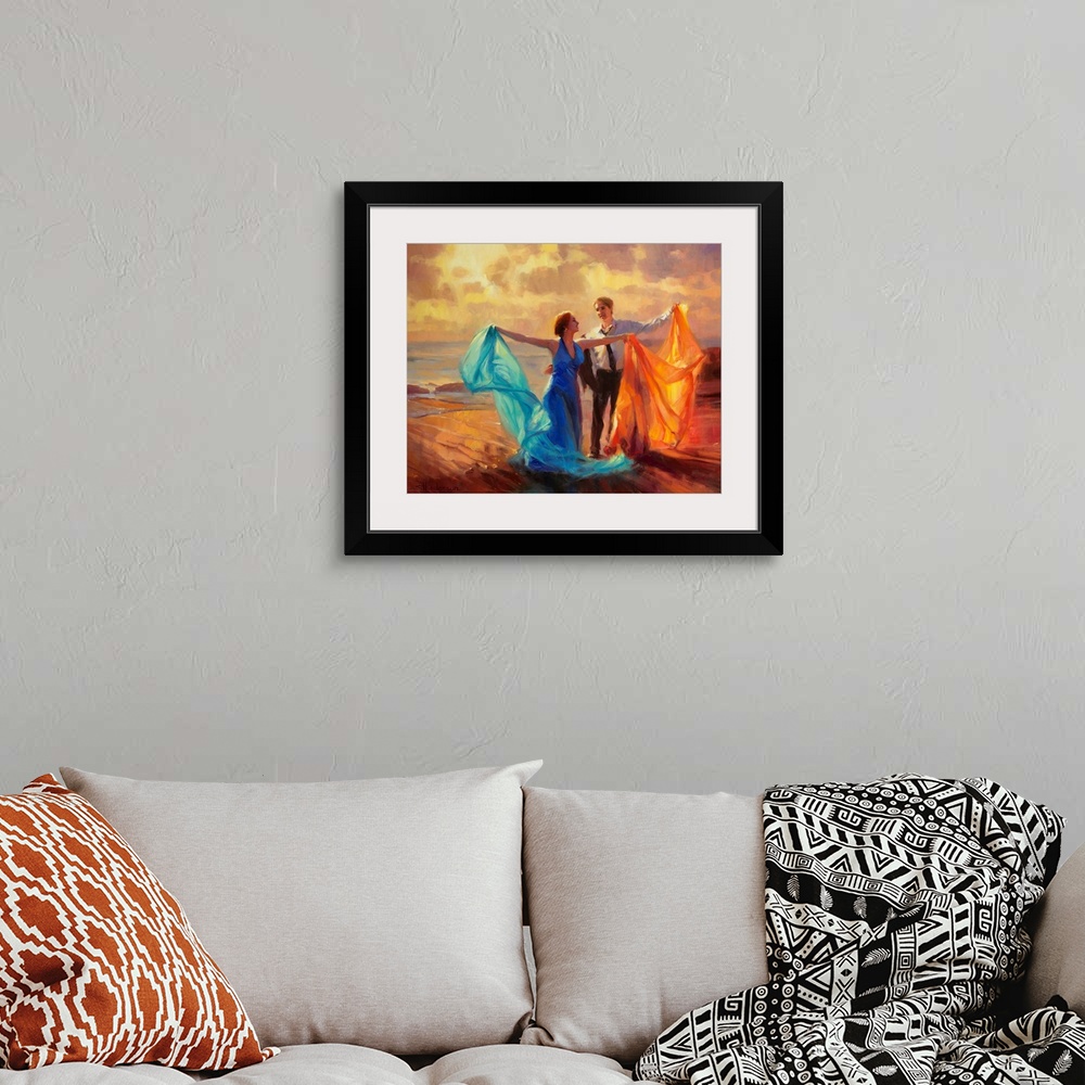 A bohemian room featuring Traditional representational painting of a man and woman dancing an impromptu waltz at sunset on ...