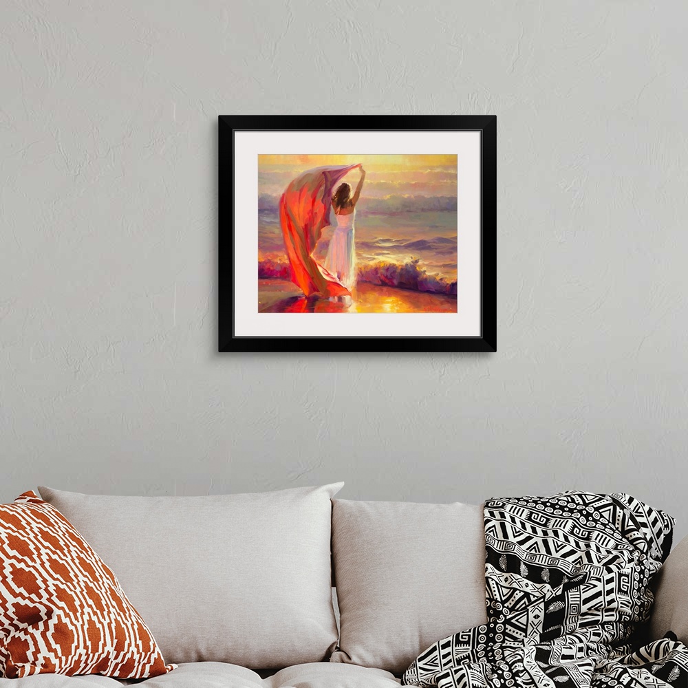 A bohemian room featuring Traditional impressionist painting of a young beautiful woman standing at the beach, arms raised ...