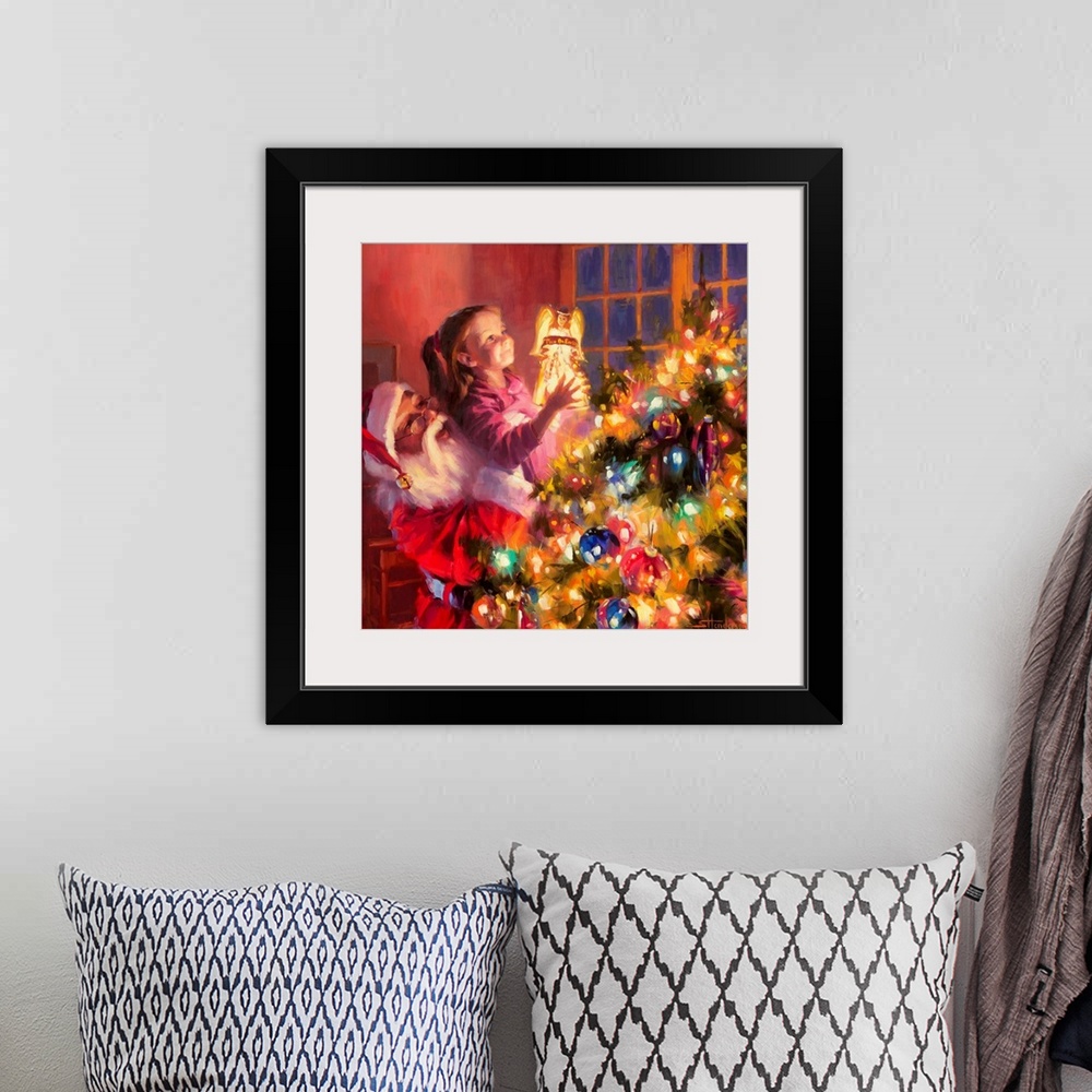 A bohemian room featuring Traditional representational holiday Christmas painting of Santa Claus making toys in his North P...