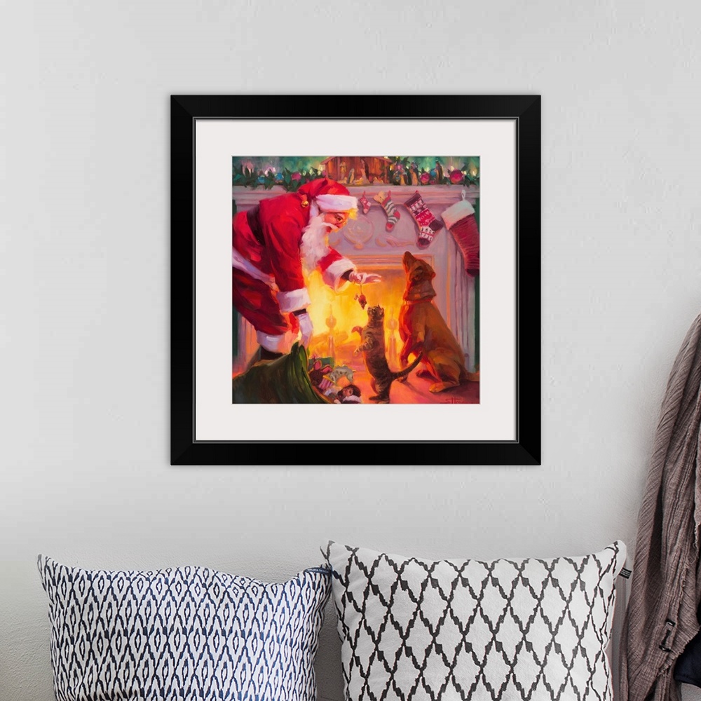 A bohemian room featuring Traditional representational holiday Christmas painting of Santa Claus painting a Nativity set in...