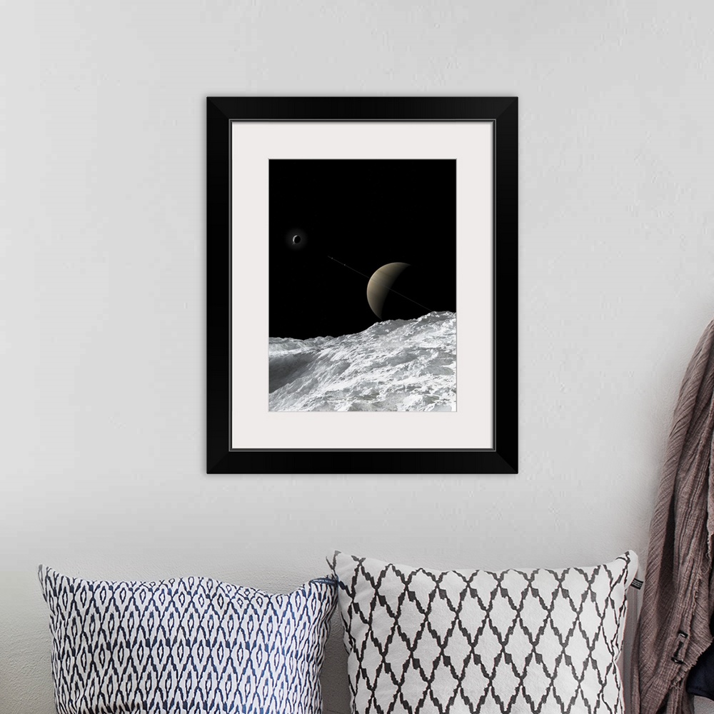 A bohemian room featuring Saturn and Enceladus as seen from the moon Tethys. Enceladus is ejecting water from its' south po...