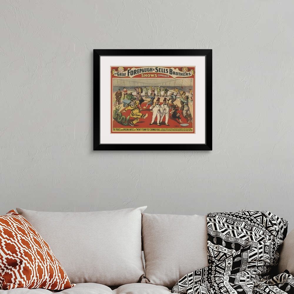 A bohemian room featuring Vintage Circus Poster Of Clowns For Adam Forepaugh & Sells Brothers