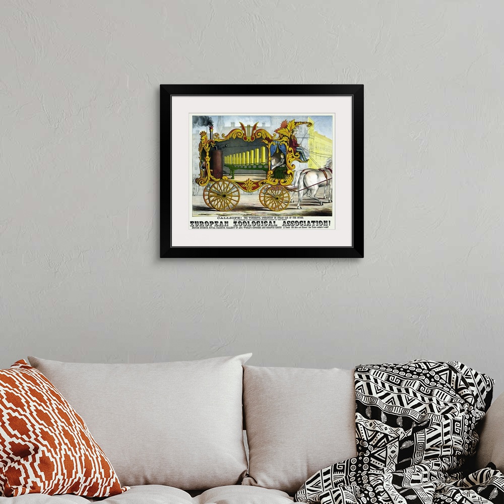 A bohemian room featuring Vintage Poster Of A Calliope Steam Organ Used In Circuses