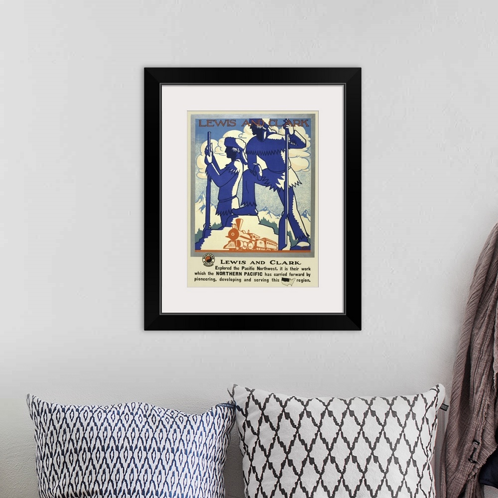 A bohemian room featuring Vintage Travel Poster Of Silhouettes Of Lewis And Clark With A Steam Train, 1920