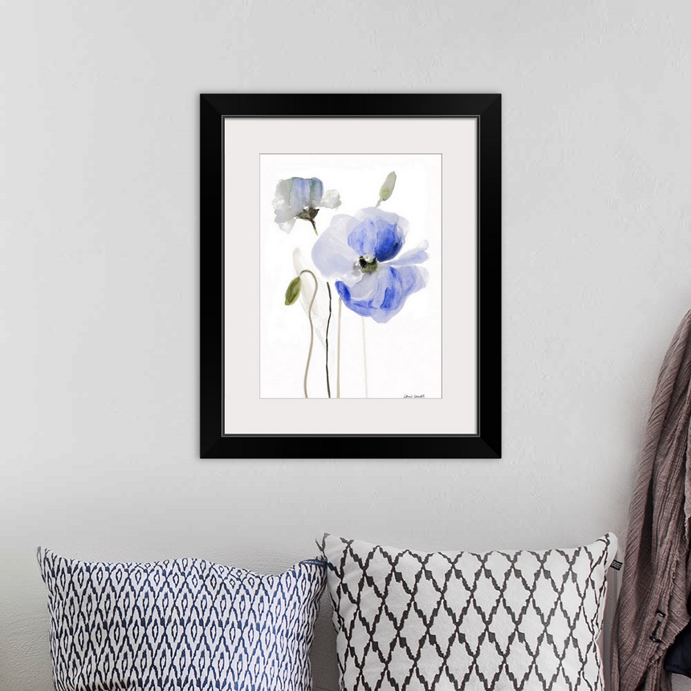 A bohemian room featuring Watercolor painting of blue poppies against a white background.