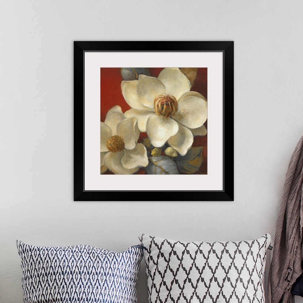 A bohemian room featuring Square painting on canvas of big flowers against a warm background.