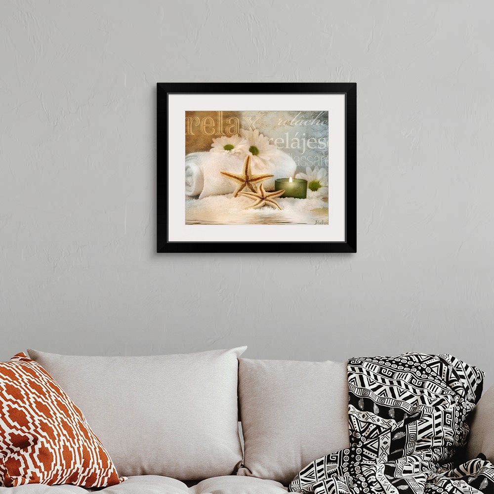 A bohemian room featuring Seaside spa themed home docor wall art of daisies, starfish, a candle, and super imposed typograp...