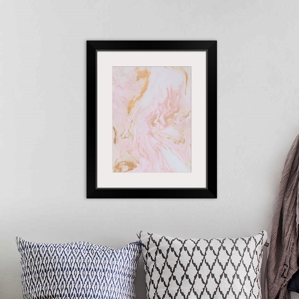A bohemian room featuring Marbleized pink color fills this contemporary artwork with gold accents.