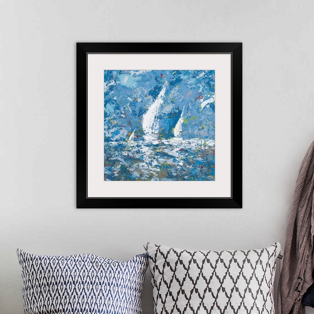 A bohemian room featuring Square, giant abstract painting of three sailboats in the water, beneath a blue sky.  Painted wit...