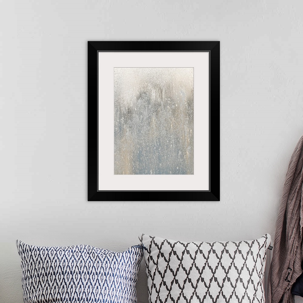 A bohemian room featuring Contemporary abstract painting created with shades of tan and gray splattered all over the canvas...