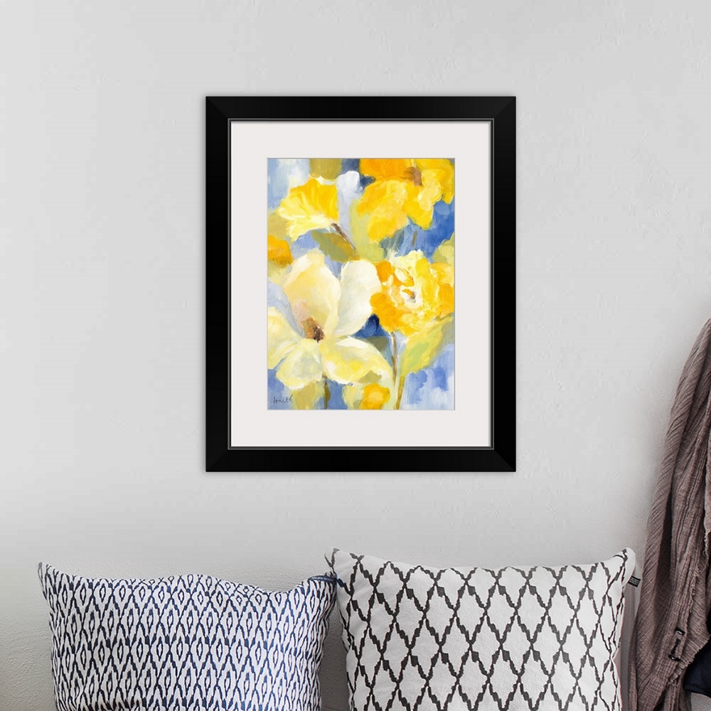 A bohemian room featuring Cheerful painting of bright yellow flowers on blue.