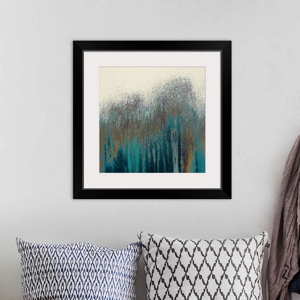 A bohemian room featuring This square abstract painting of streaks and splatters of paint makes a wonderful decorative acce...