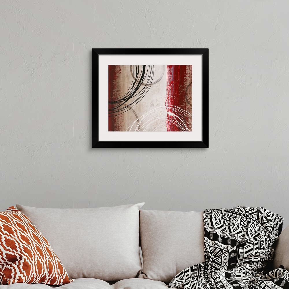 A bohemian room featuring Big abstract art includes a variety of vertical rectangles with textured sides and warm tones sit...