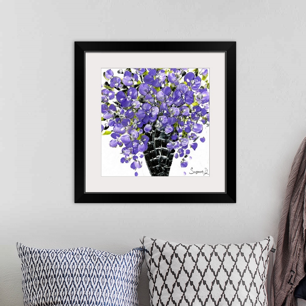 A bohemian room featuring Square painting with textured purple flowers arranged in a black vase on a white background.