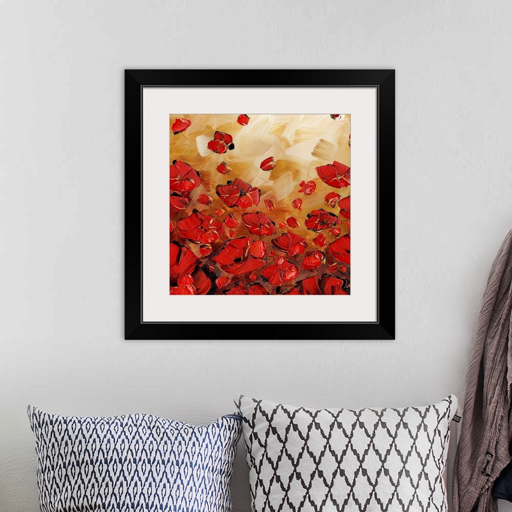 A bohemian room featuring Abstract painting of red poppies on a bronze background with distinct brushstrokes on a square ba...