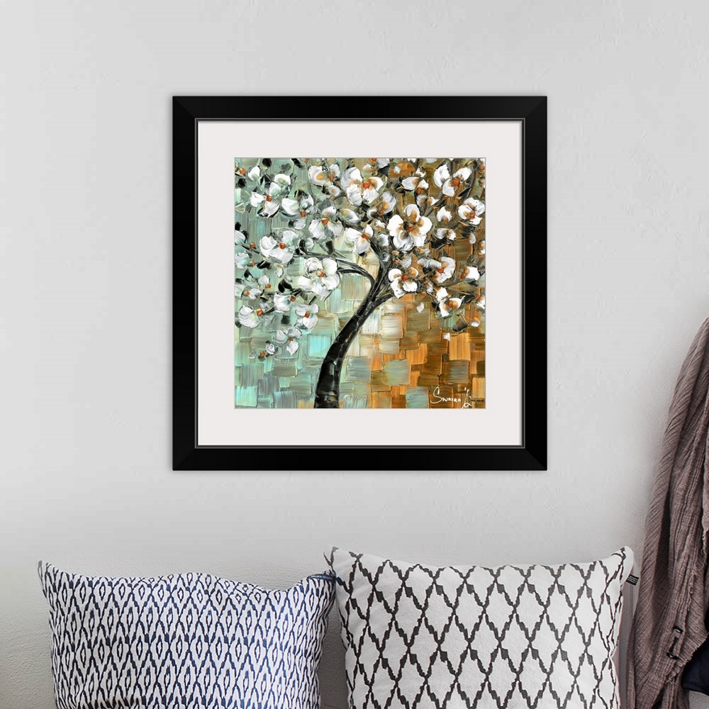 A bohemian room featuring Contemporary painting of a tree with white flowers on a gold and light blue background created wi...
