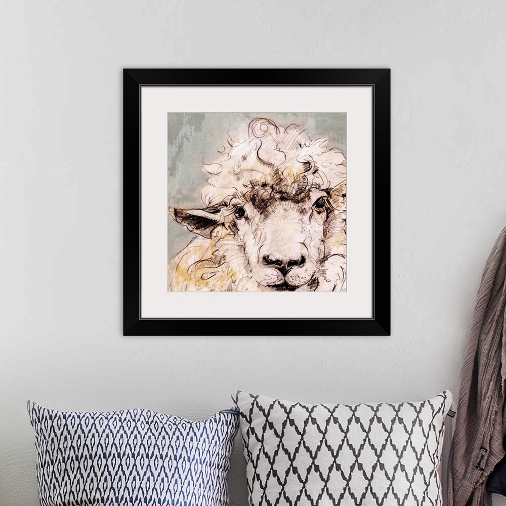 A bohemian room featuring Contemporary artwork of a sheep against a muted pale gray background.