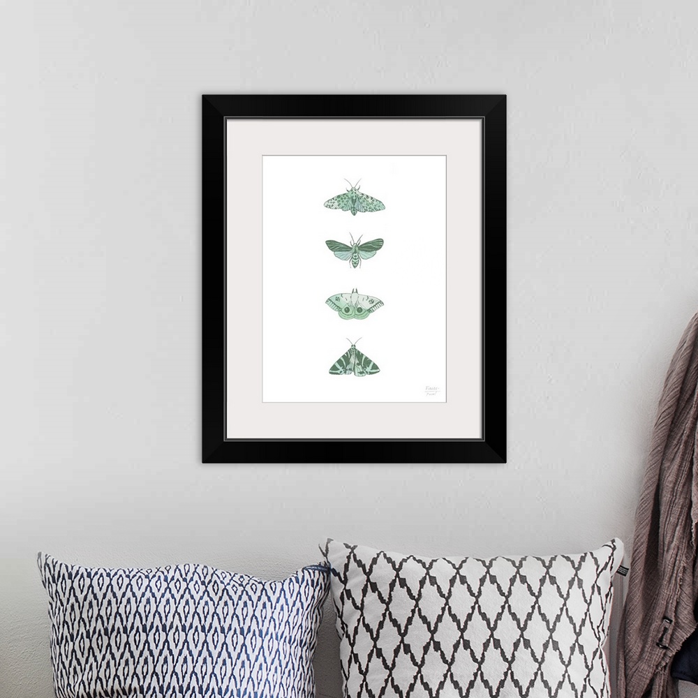 A bohemian room featuring Watercolor and ink print with four different species of moths.