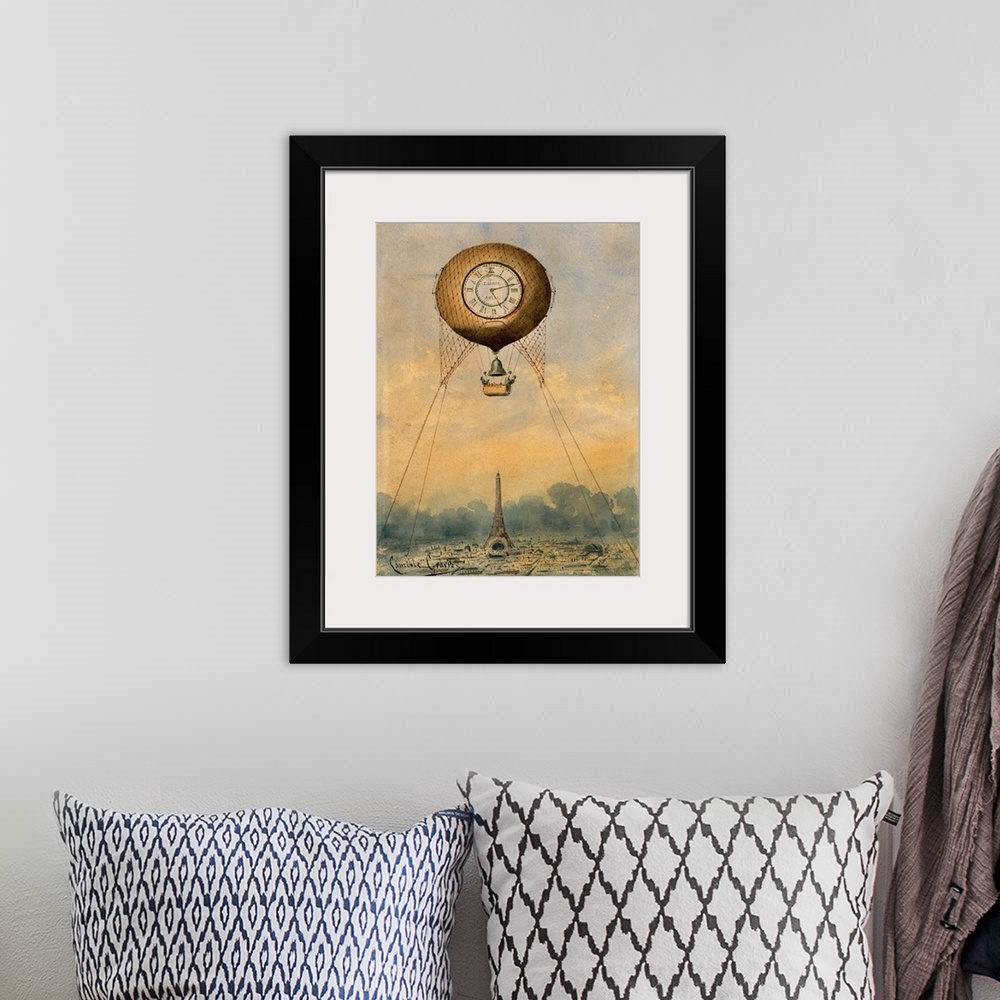 A bohemian room featuring A hot air balloon suspended above the Eiffel Tower in Paris, France. Watercolor by Camille Gr?vis...
