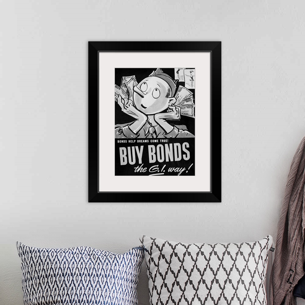 A bohemian room featuring 'Bonds Help Dreams Come True! Buy Bonds the G.I. Way!' Poster advertising war bonds, c1942.