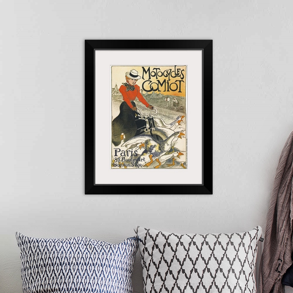 A bohemian room featuring Poster for Comiot motorcycles in Paris, France. Lithograph by Theophile Alexandre Steinlen, 1899.