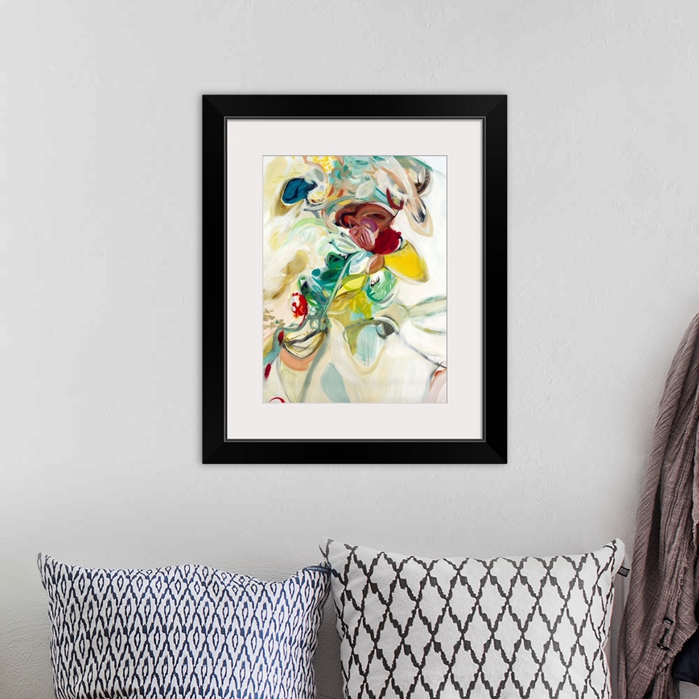 A bohemian room featuring Contemporary abstract painting with busy, loopy brushstrokes in playful colors.