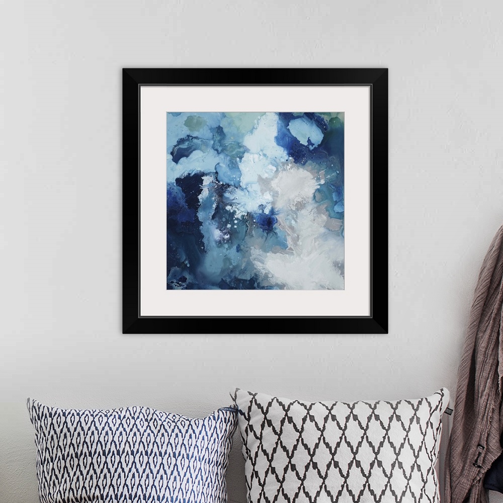 A bohemian room featuring Contemporary abstract painting using blue tones swirling around to create a flowing cloud like form.