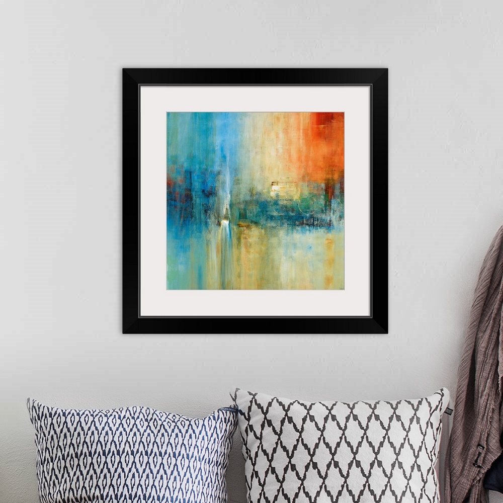 A bohemian room featuring A square abstract painting with strong vertical movement and dramatic use of color. The serene co...