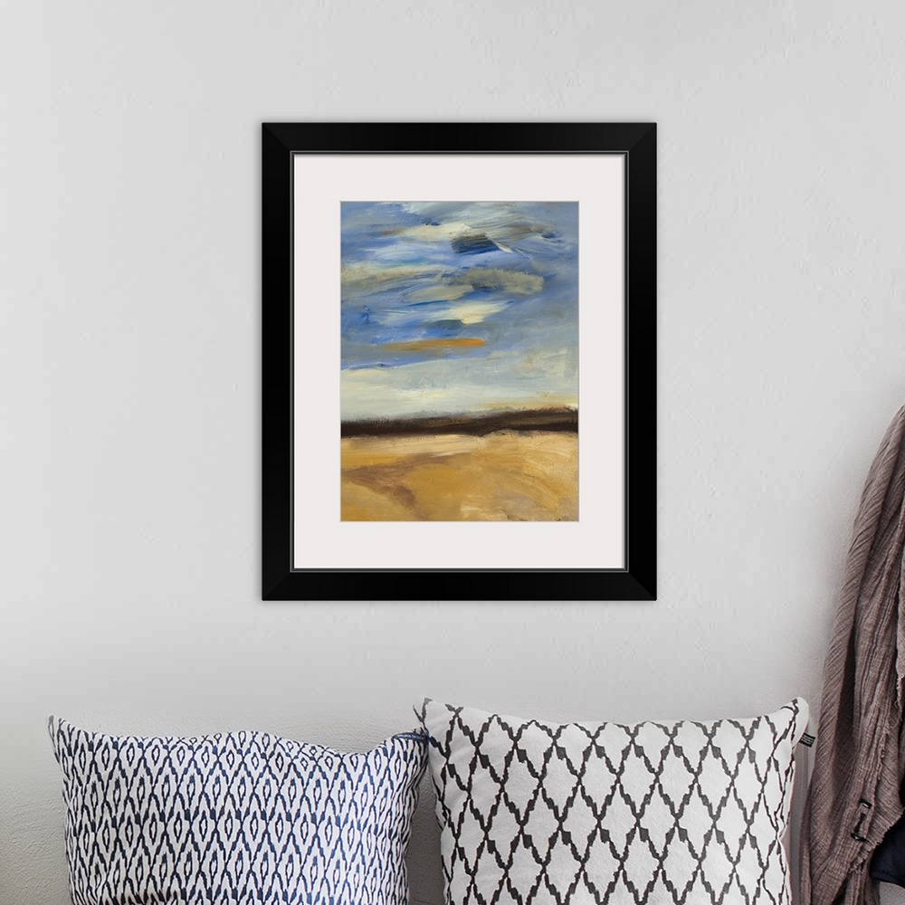 A bohemian room featuring Contemporary abstract painting of a plains landscape under a blue cloudy sky.