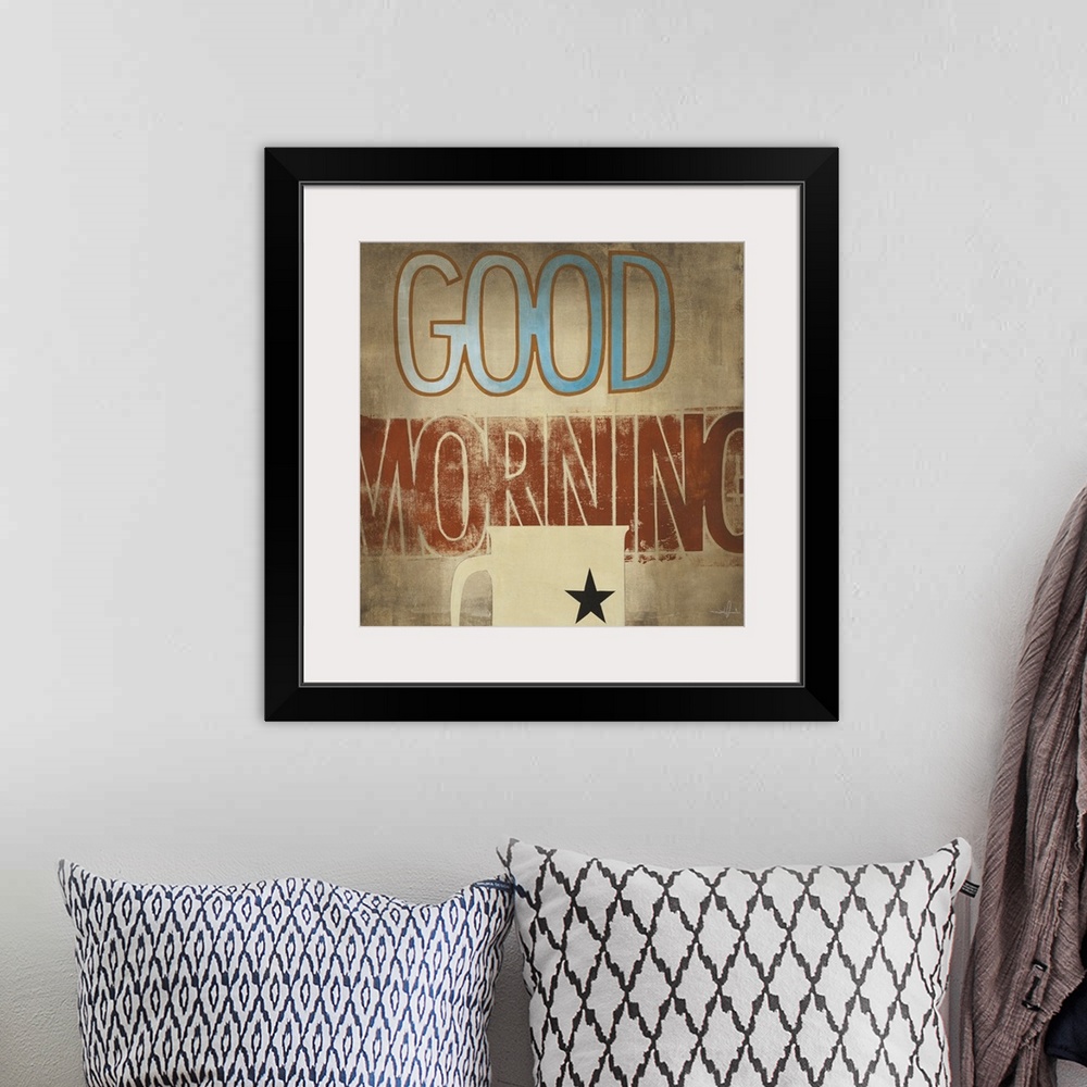 A bohemian room featuring Decorative artwork of a cup of coffee with the text "Good Morning" in rustic browns and blue.
