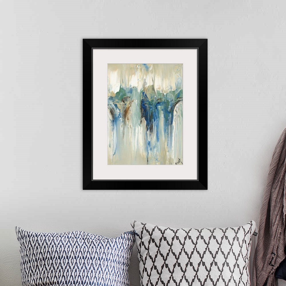 A bohemian room featuring Large contemporary painting with an abstract design in the middle on a beige background with blue...