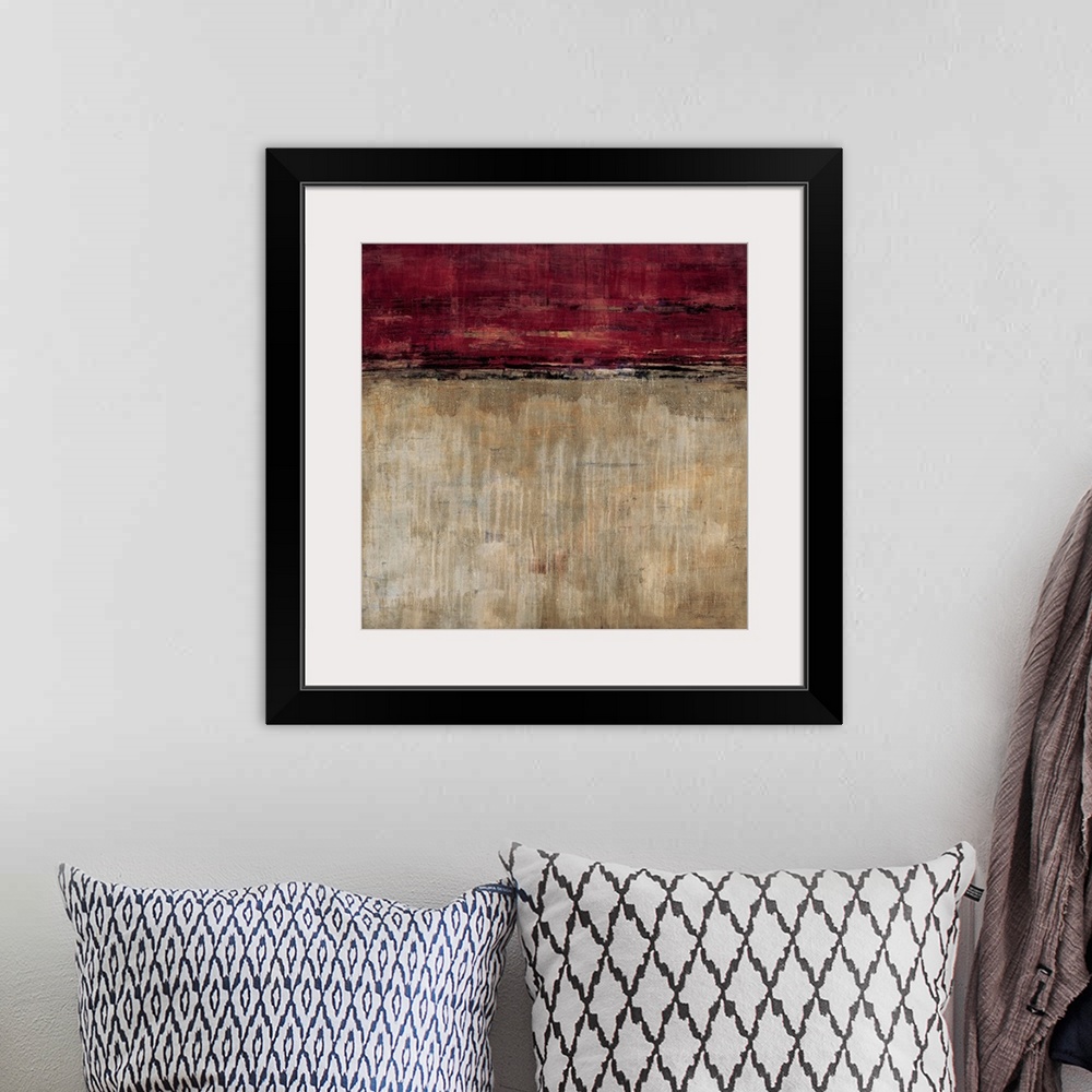 A bohemian room featuring Contemporary abstract painting using earth tones and dark red to make a color field.