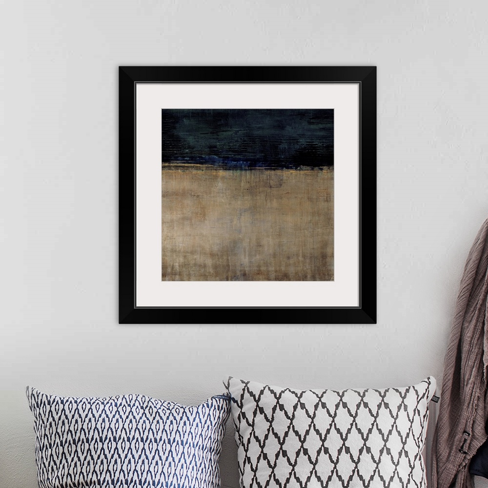 A bohemian room featuring Contemporary abstract painting using earth tones and dark blue to make a color field.