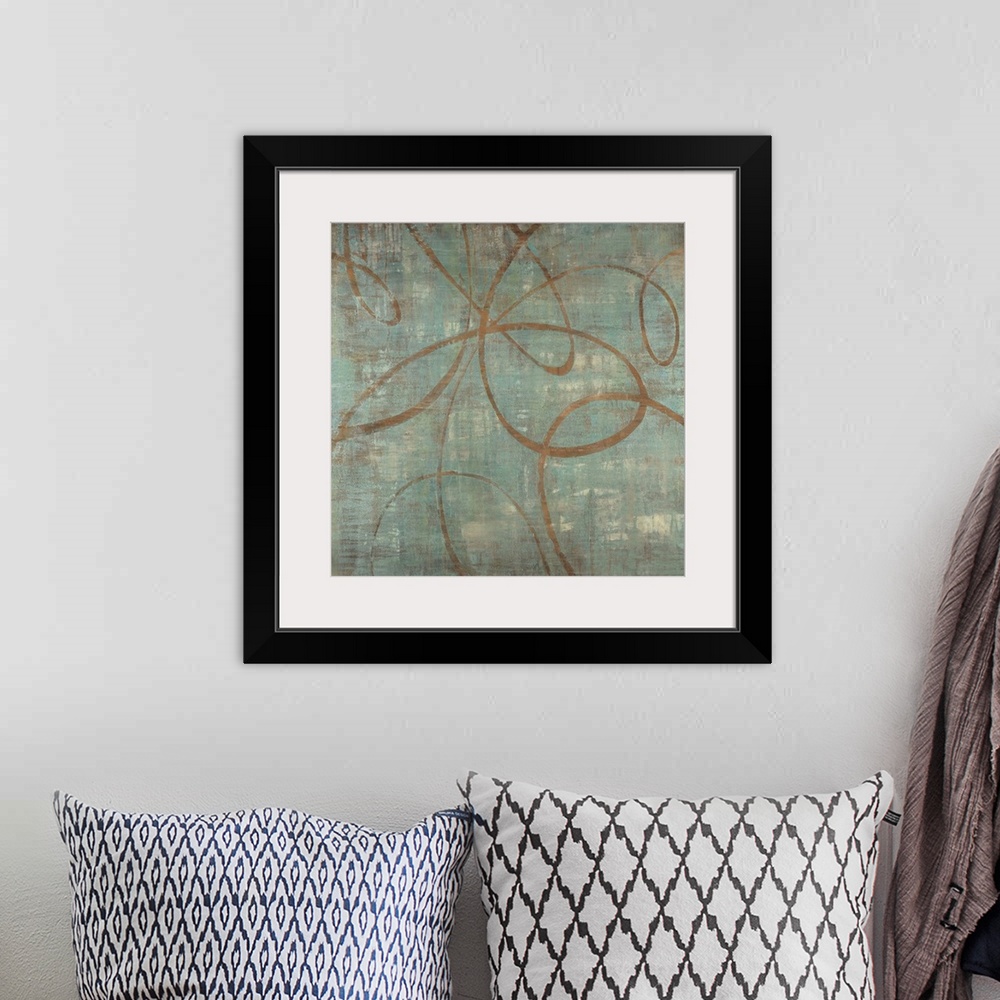 A bohemian room featuring Big abstract painting of lines curving on top of a grungy textured background.