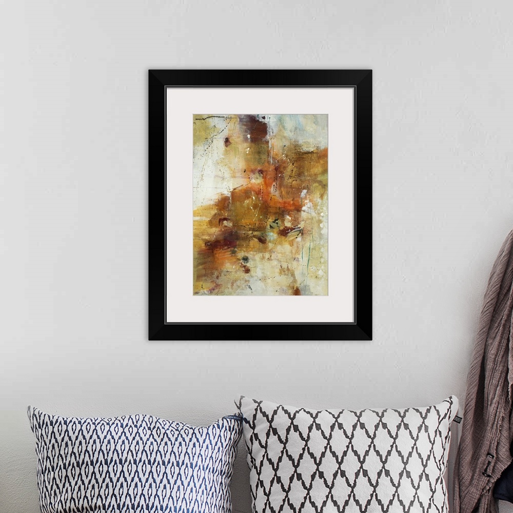A bohemian room featuring A contemporary abstract painting using a mash up of earth tones.