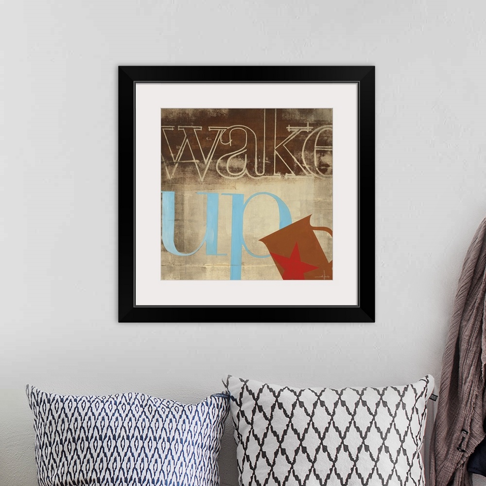 A bohemian room featuring Decorative artwork of a cup of coffee with the text "Wake Up" in rustic browns and blue.