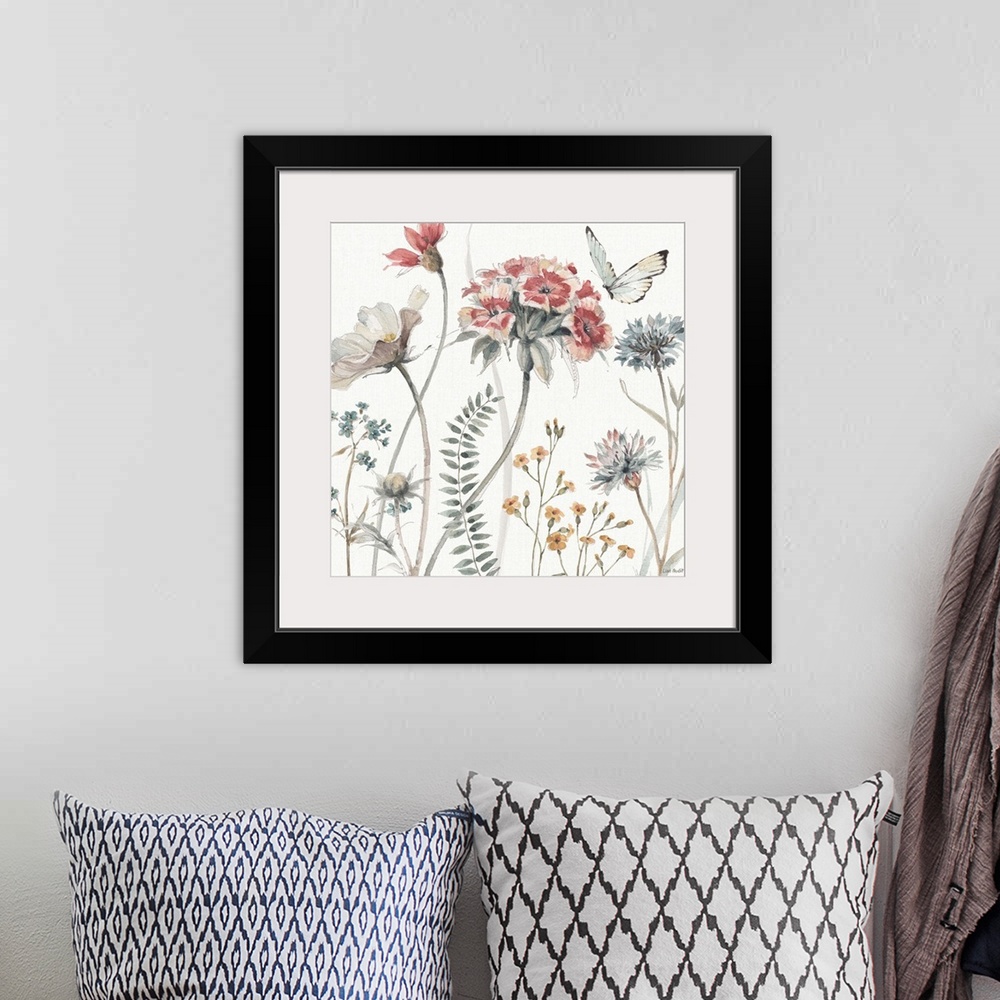 A bohemian room featuring A square decorative watercolor painting of a group of country wild flowers and butterfly on a whi...
