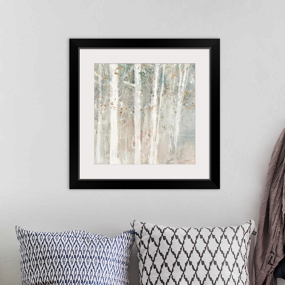 A bohemian room featuring A contemporary abstract landscape of white trees in the forest with a water-colored neutral backg...