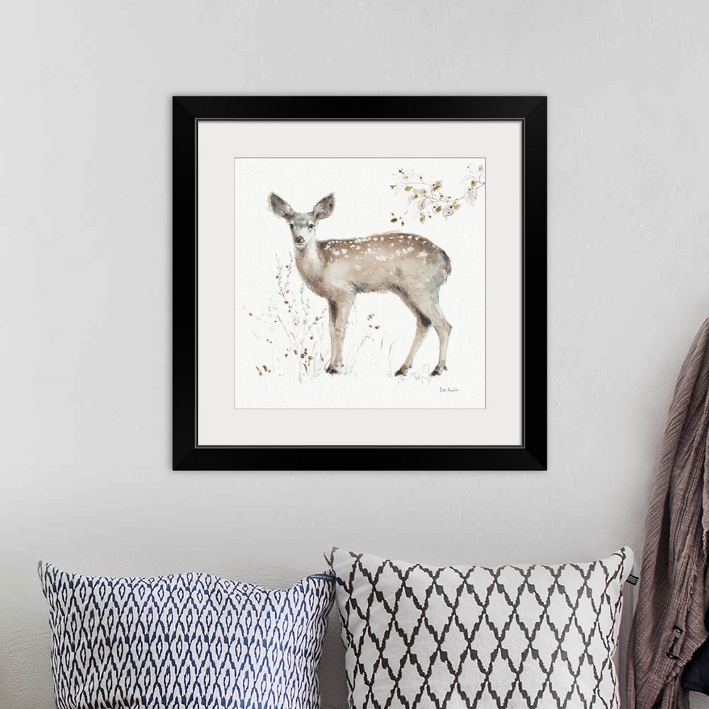 A bohemian room featuring Decorative artwork of a watercolor deer perched on a branch against a white background.