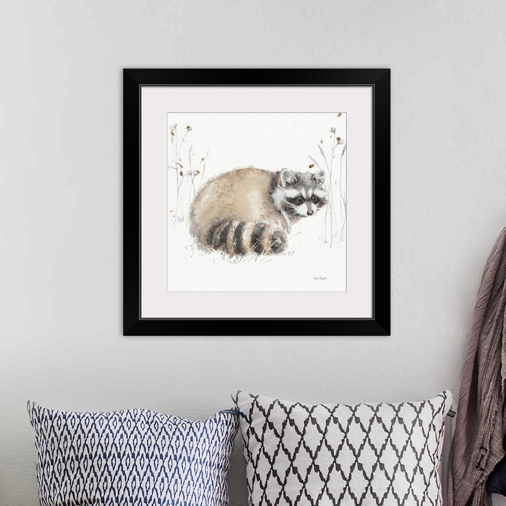 A bohemian room featuring Decorative artwork of a watercolor raccoon perched on a branch against a white background.