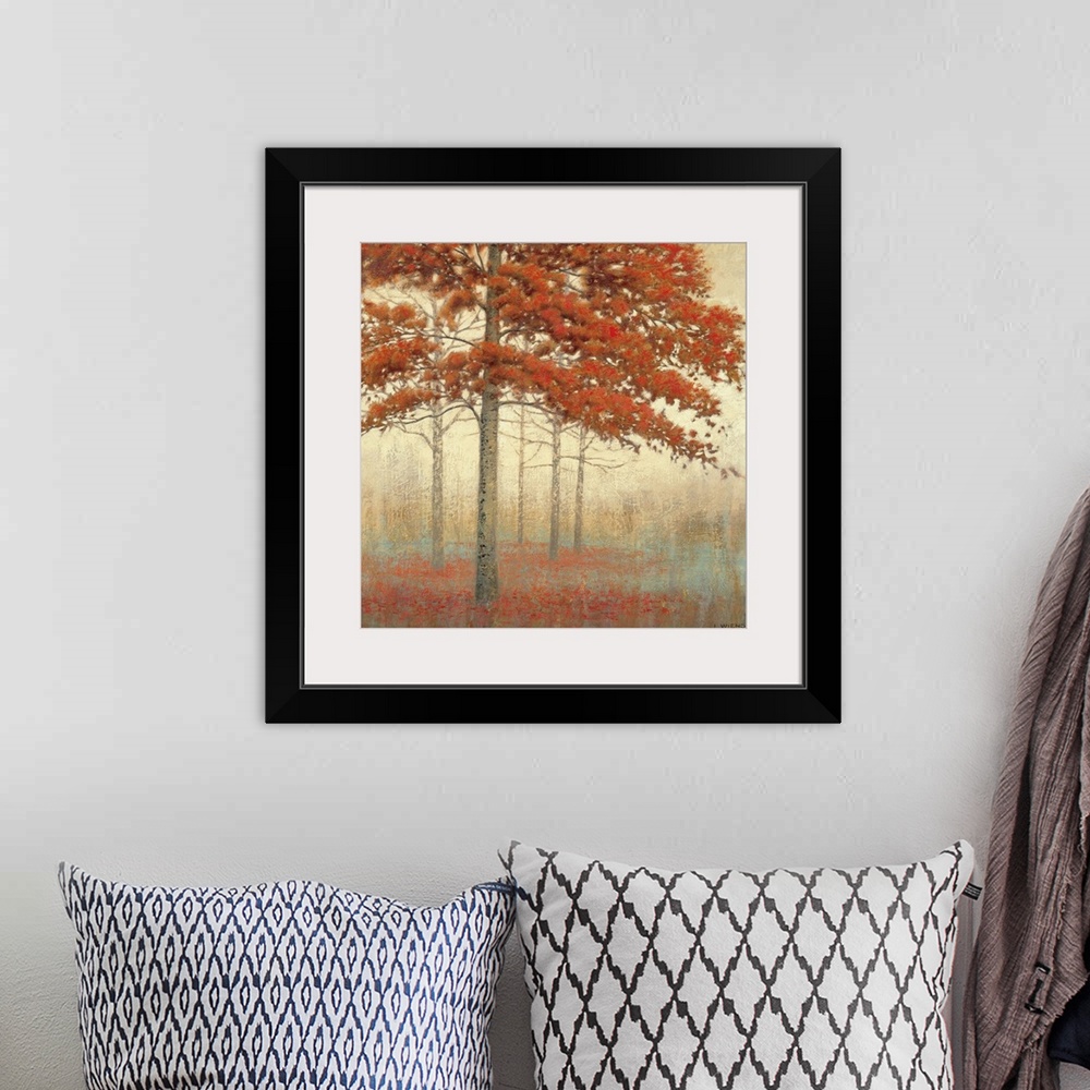 A bohemian room featuring Brushstroke painting of a tree with fall colors in a small forest with a bed of flowers at it's b...