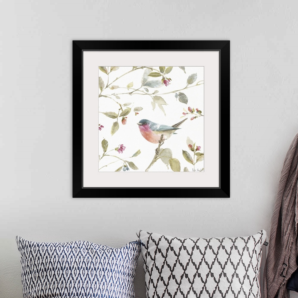A bohemian room featuring Square watercolor painting of a colorful songbird perched on a branch and surrounded by leaves, f...