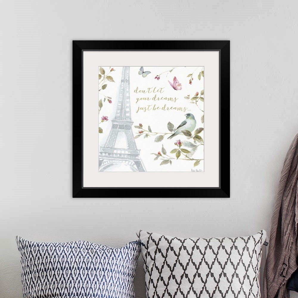 A bohemian room featuring Square watercolor painting of the Eiffel Tower surrounded by flowers, leaves, butterflies, and a ...