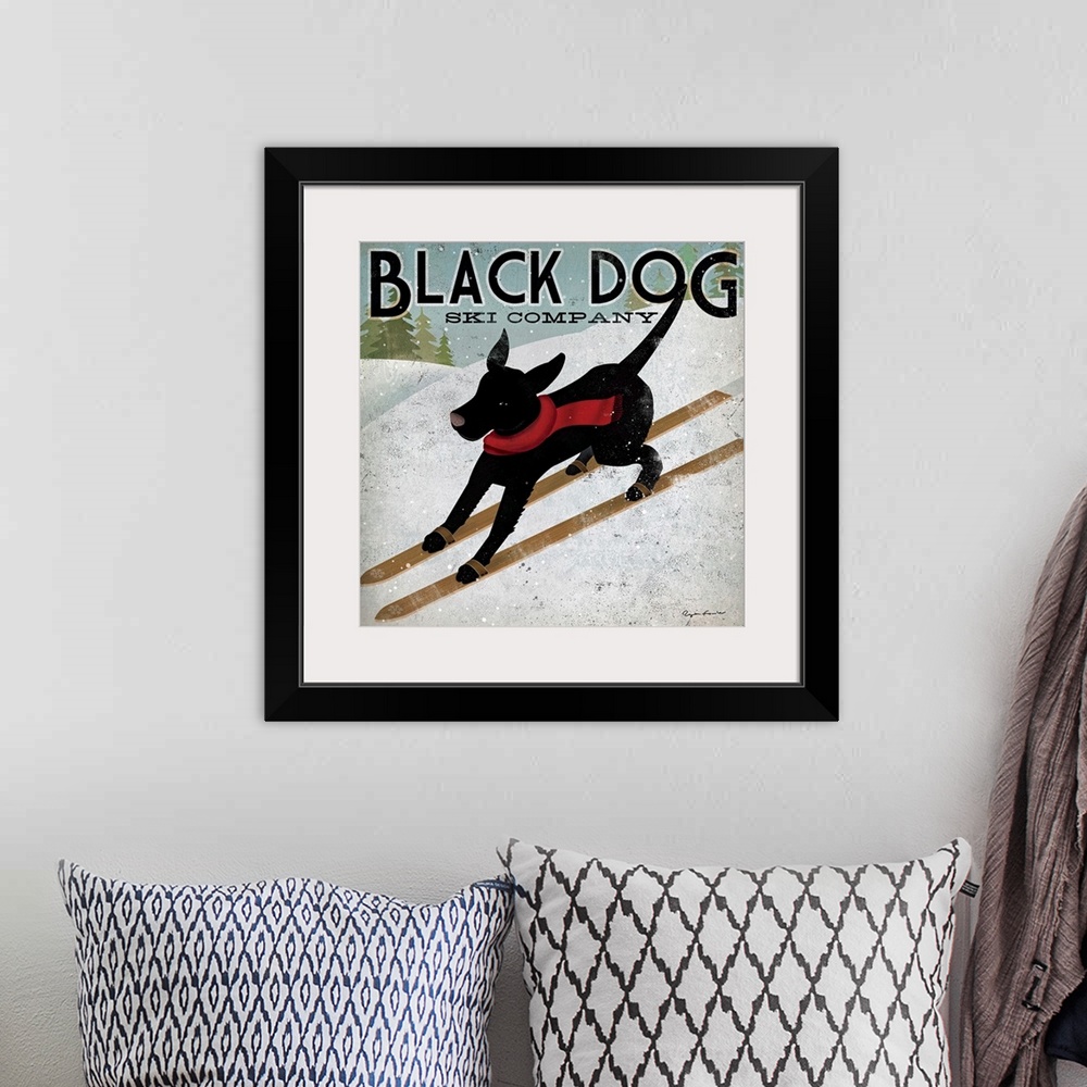 A bohemian room featuring Giant square canvas art displays an advertisement for Black Dog Ski Company.  In the ad, a dog we...