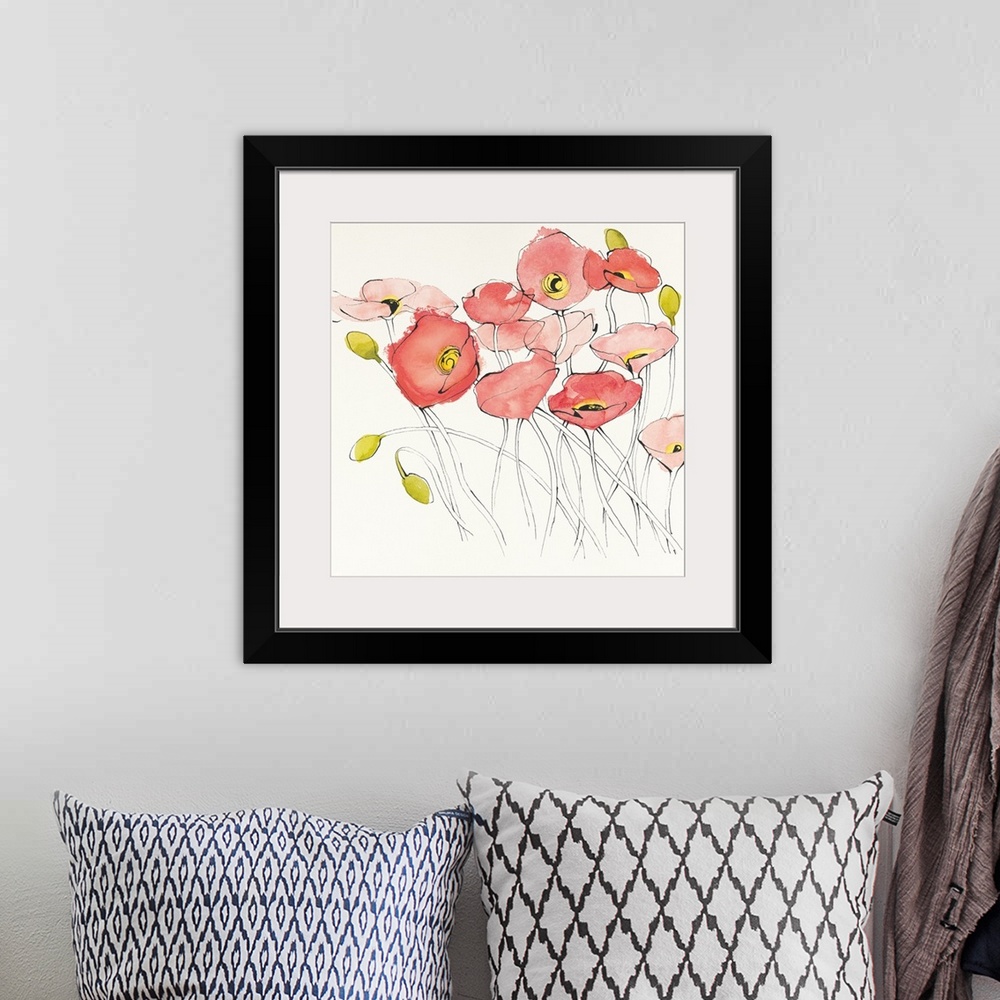 A bohemian room featuring Contemporary watercolor painting of pale red flowers against a white background.