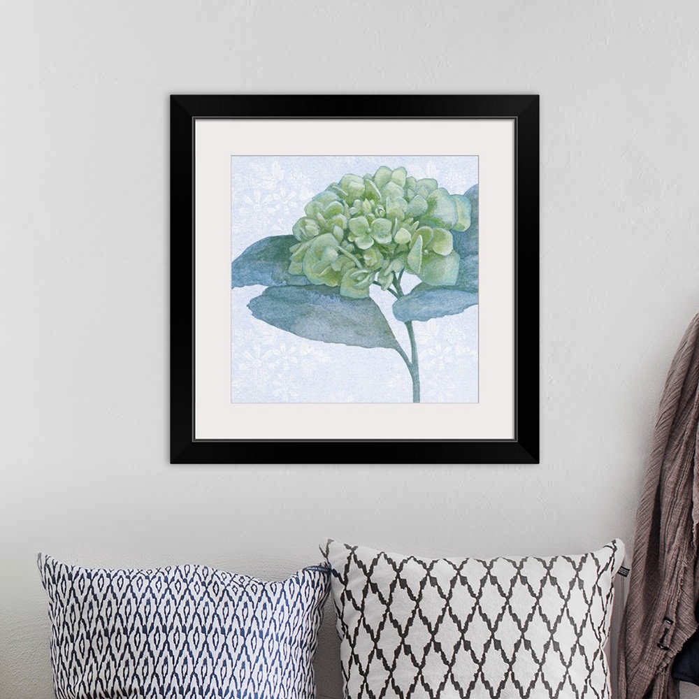 A bohemian room featuring Painting of hydrangea blossoms in soft blue and green tones.