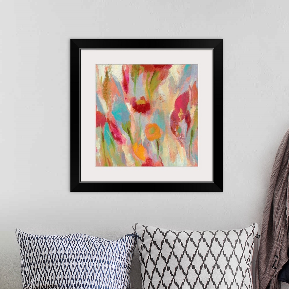 A bohemian room featuring Contemporary abstract painting of a flowers.
