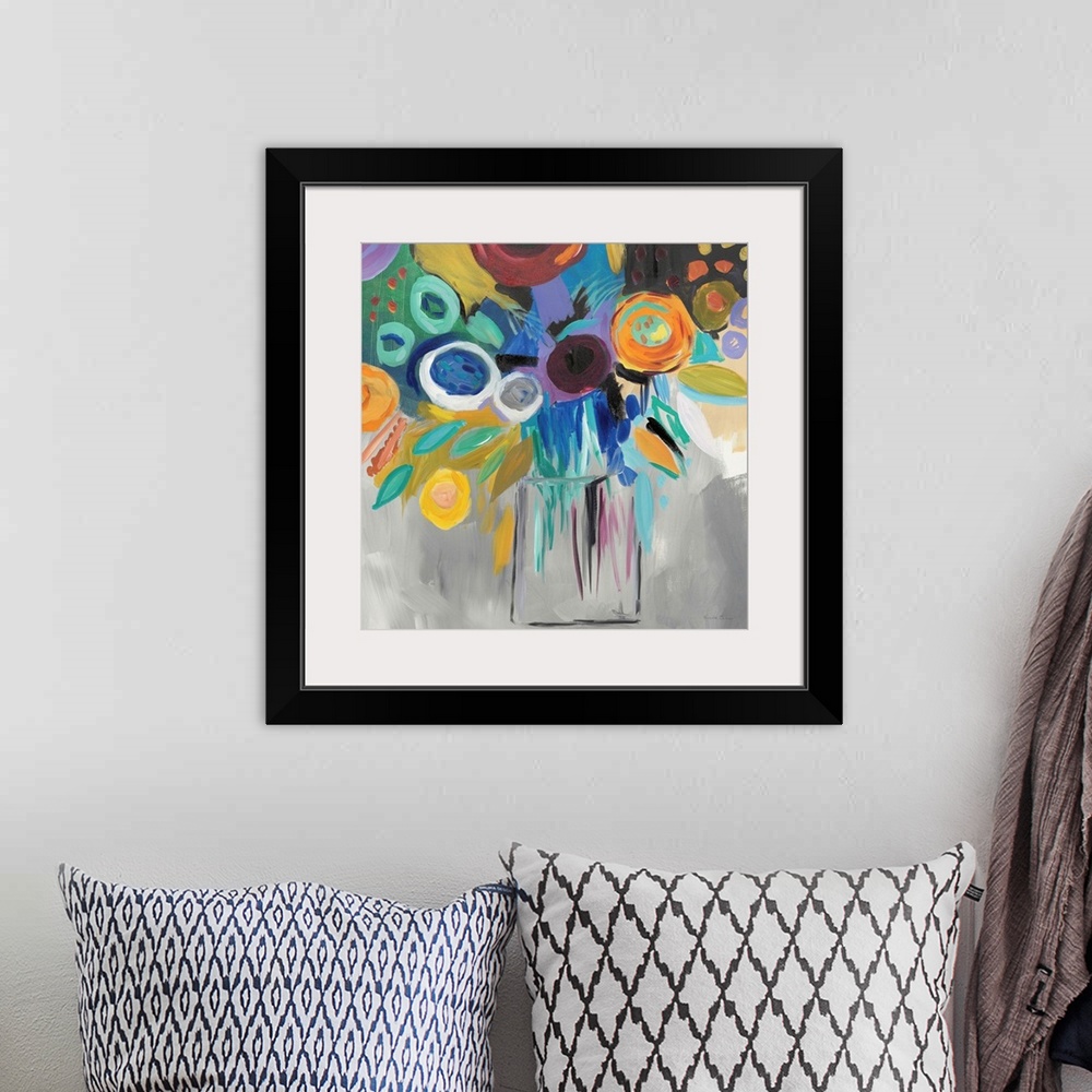 A bohemian room featuring Square abstract painting of a bold floral arrangement on a grey background.