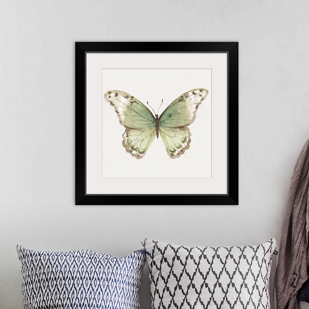 A bohemian room featuring Contemporary artwork of a butterfly with green wings.